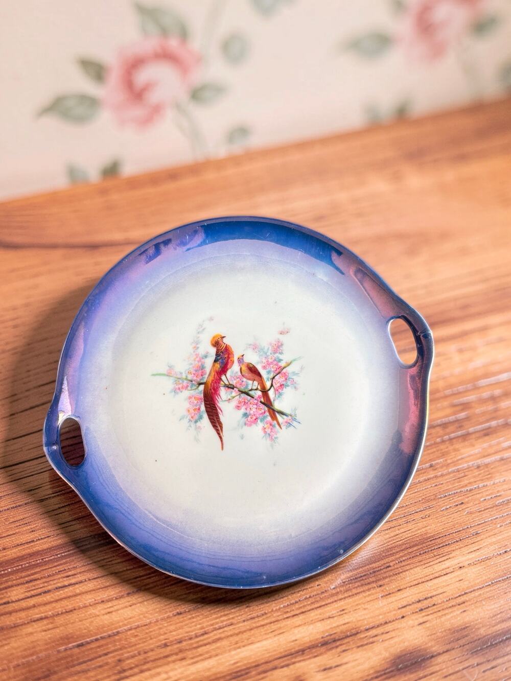 Vintage Czechoslovakia Porcelain Serving Plate Tray Birds Floral Blue Luster